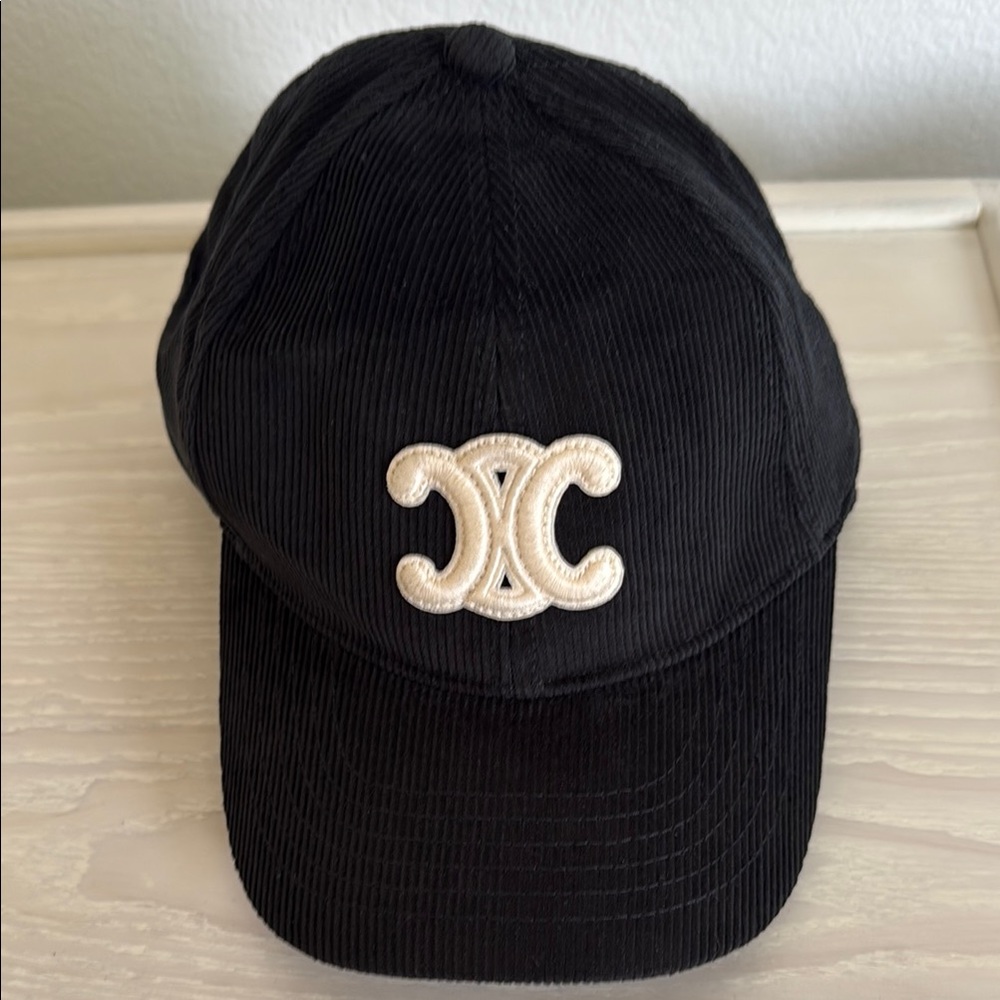 Celine Black and Cream Corduroy Hat with Logo